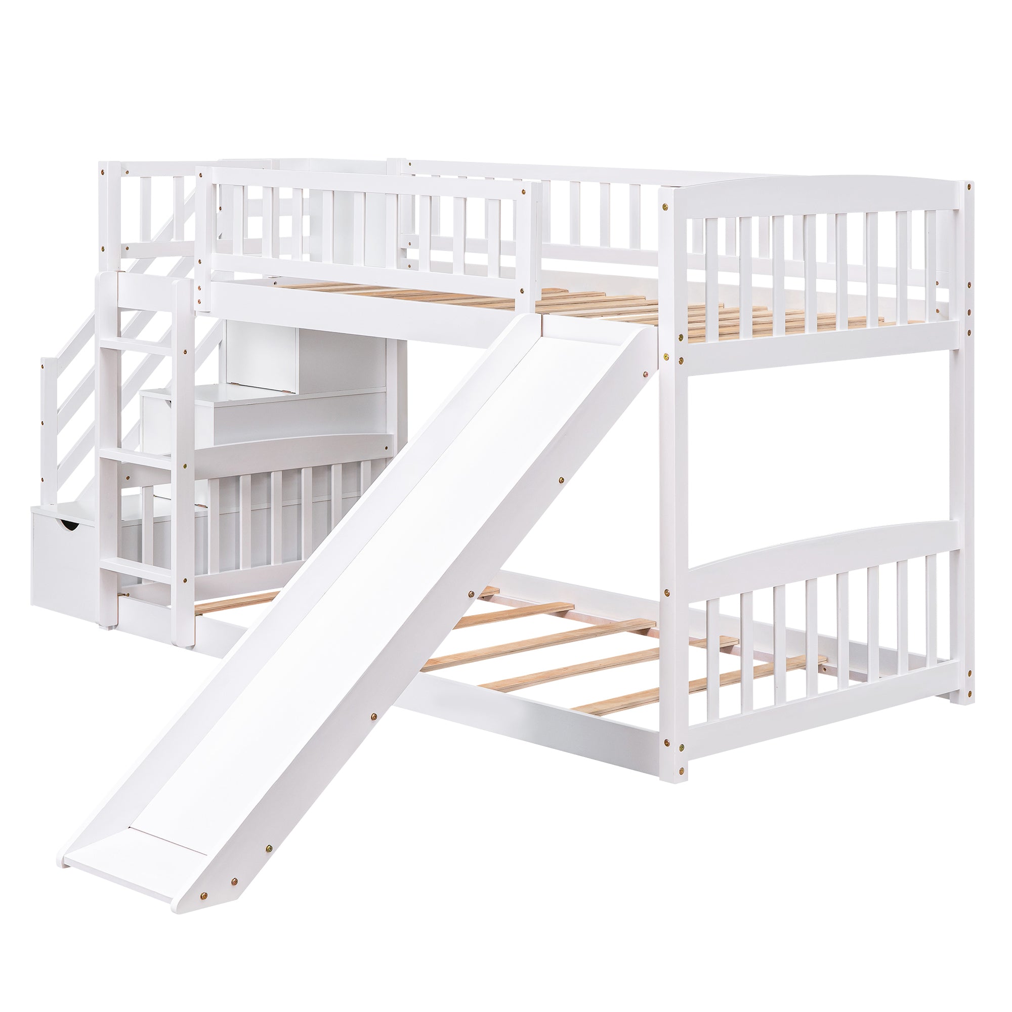 Twin over Twin Bunk Bed with Two Storages and Slide, White