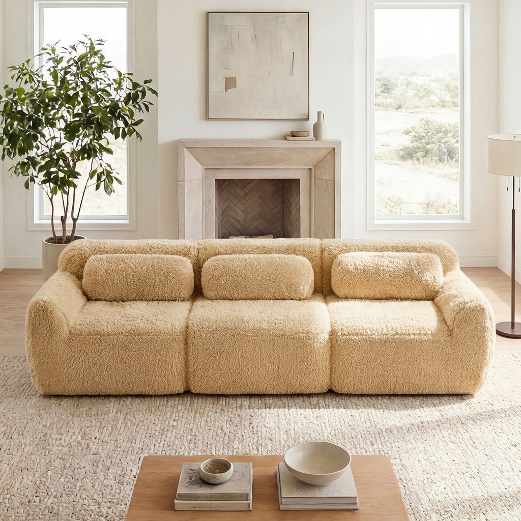 114''Soft And Fluffy  Plush Fabric,Modular Sectional Sofa Couches,Ergonomic Design With Throw Pillows,Full-compression Vacuum Packaging   Buckle Connection  For Study,Home Theater,Light Khaki