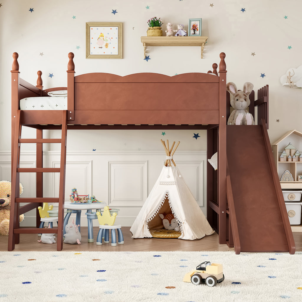 Twin Loft Bed with Storage Shelves and Wardrobe, Solid Wood Loft Beds with Detachable Slide and Ladders, No Spring Box Needed, Deep Natural.(Patent Protection)