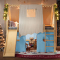 Full Size House Loft Bed with Sills and Tents, Solid Wood Loft Bed with Ladders and Slide, Chic Design with Lights, No Box Spring Needed, Natural+Blue