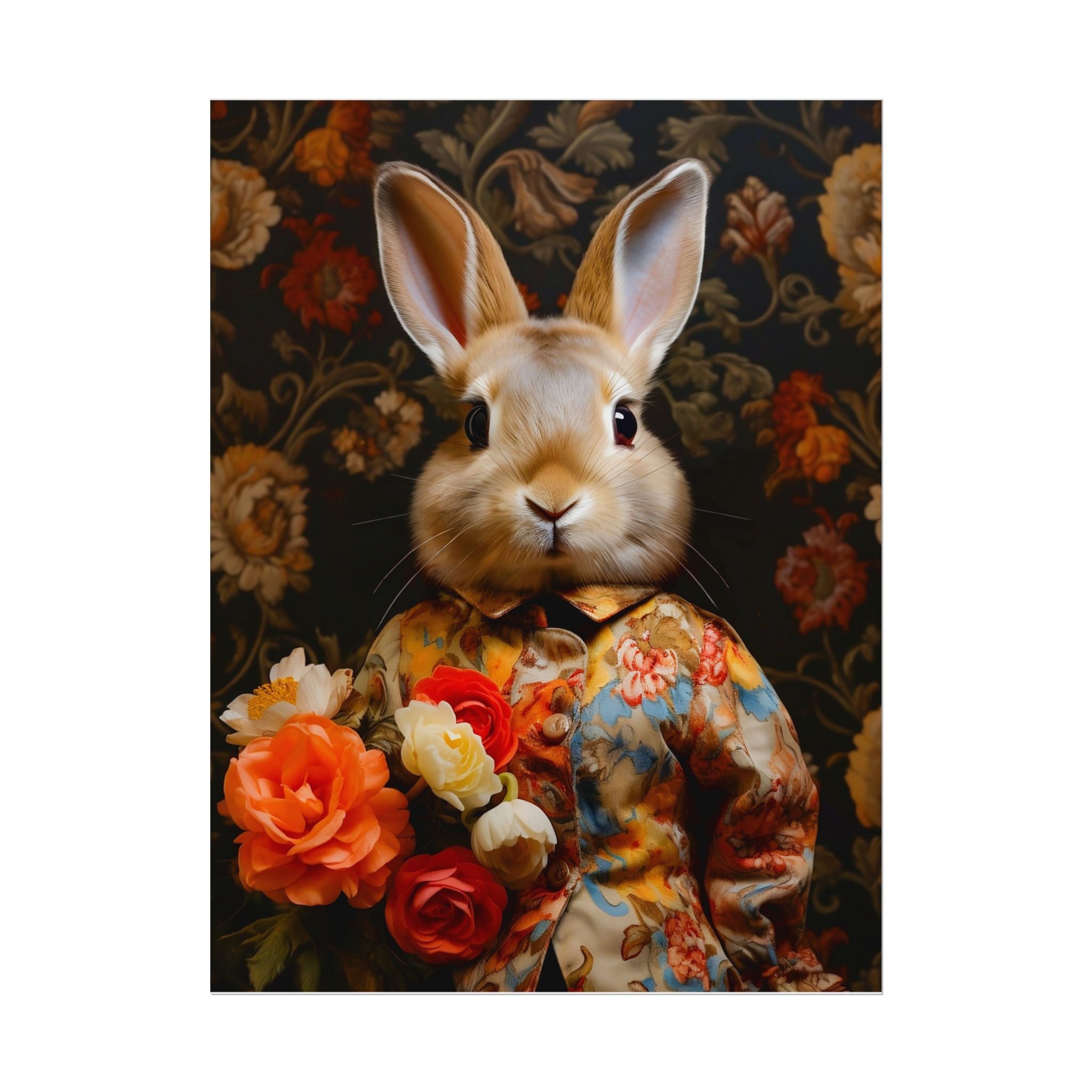 Victorian Bunny Portrait Floral Holding Flowers Art Print