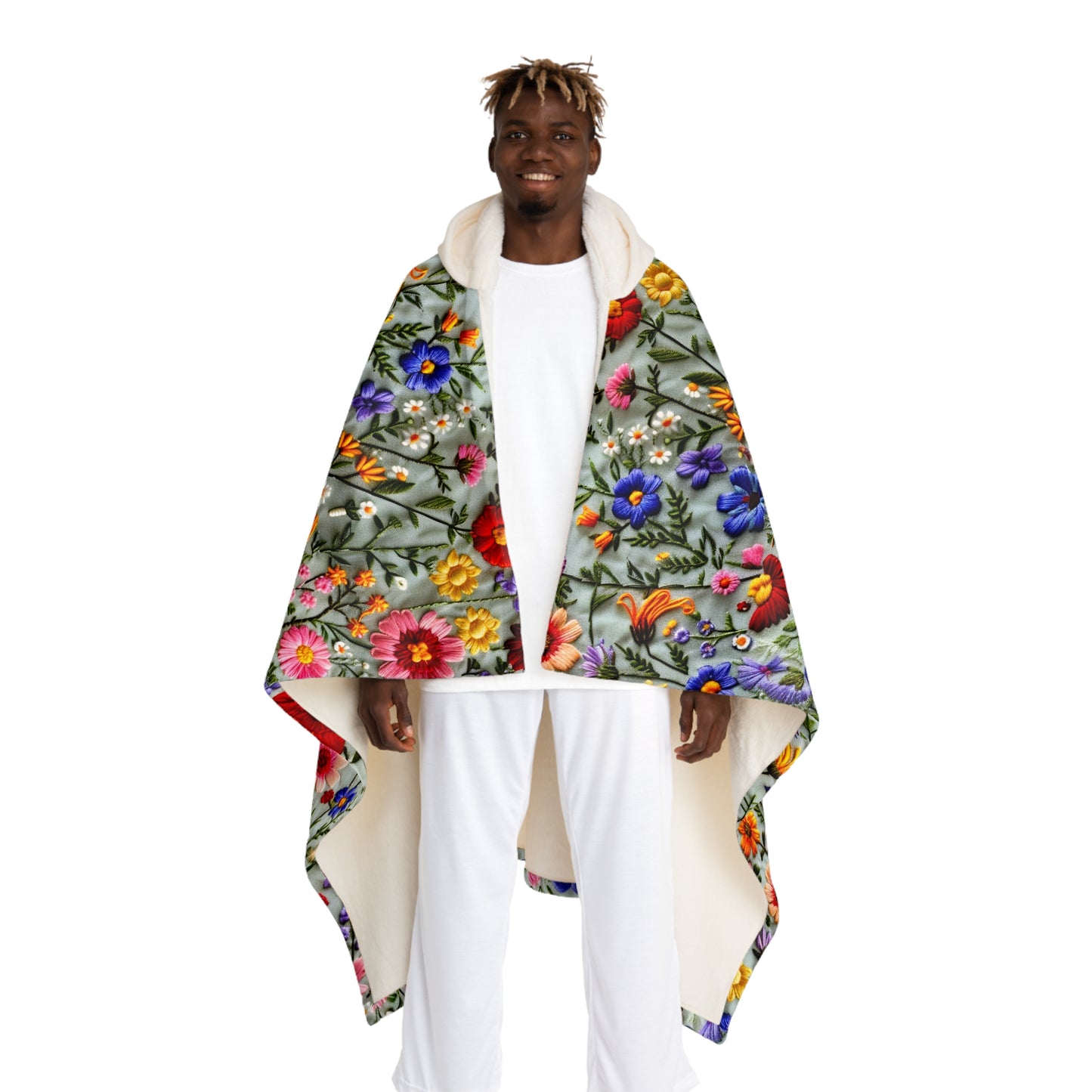Hooded Sherpa Blanket | Faux Embroidery Flowers