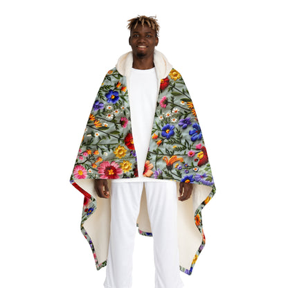 Hooded Sherpa Blanket | Faux Embroidery Flowers