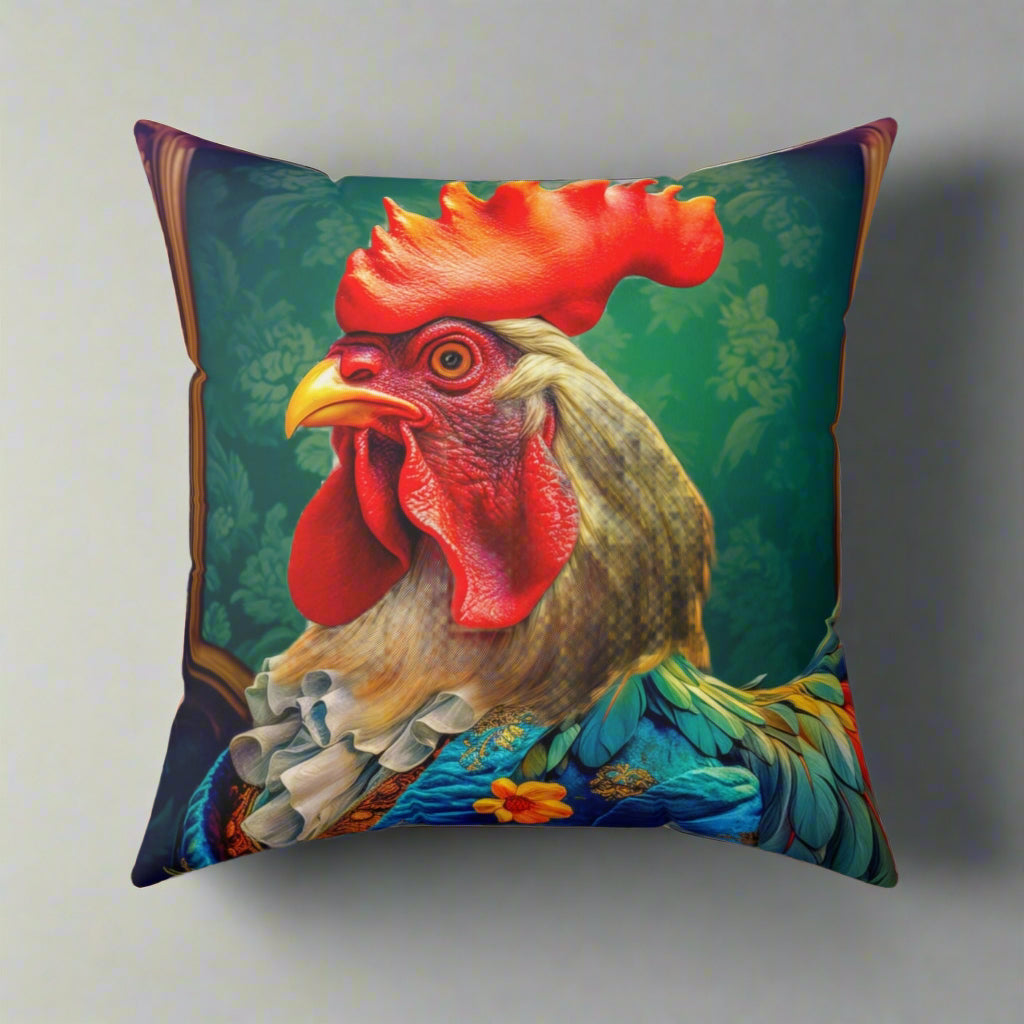 Faux Suede Square Pillow | Colorful Renaissance Rooster Throw Pillow