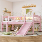 Twin XL Loft Bed with Storage Shelves, Solid Wood Lower Loft Bed with LED Lights and Full-length Guardrails, No Box Spring Needed, Pink