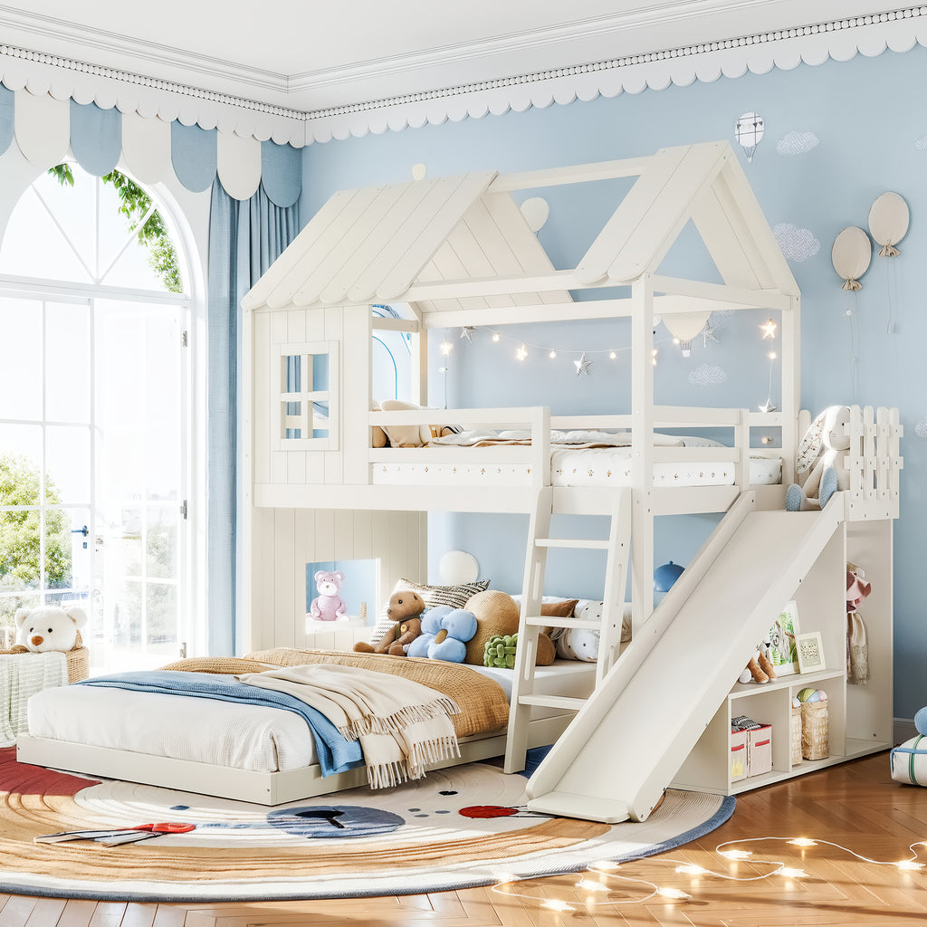 Twin over Full House Bunk Bed with Ladders and Slides, House Floor Bunk Bed with Storage Shelves and Wardrobe, Playhouse Design,Beige