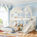 Twin over Full House Bunk Bed with Ladders and Slides, House Floor Bunk Bed with Storage Shelves and Wardrobe, Playhouse Design,Beige
