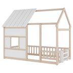 House Floor Bed Twin Size Cream White Pine Frame, Bookshelf, 7-Color LED