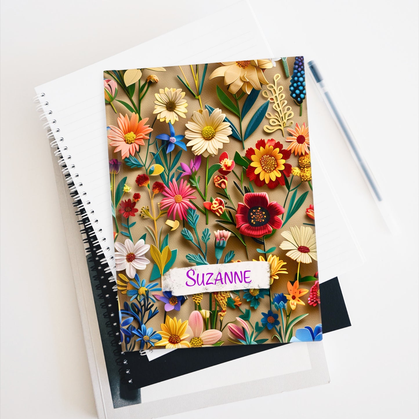 Custom Name Journal Wildflowers on Market Paper | Custom Floral Hardcover Notebook | Unique Gift for Her