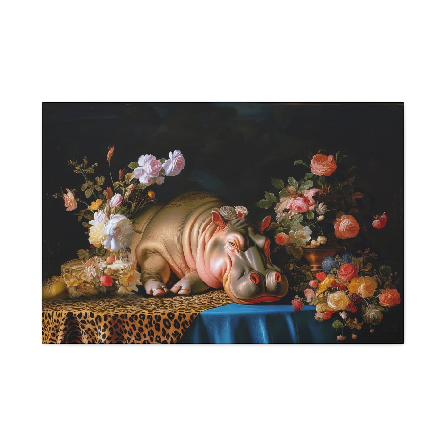 Whimsical Hippo Canvas Art, Tranquil Home Decor Fine Art Print, Animal Wall Art, Unique Gift, Floral Decor, Cheetah Print