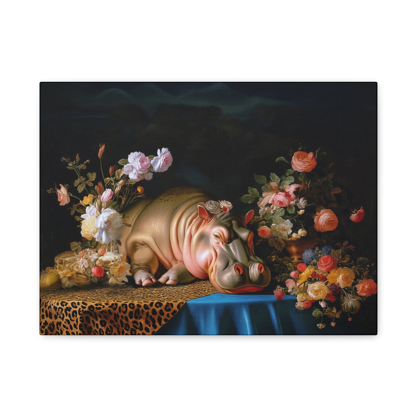 Whimsical Hippo Canvas Art, Tranquil Home Decor Fine Art Print, Animal Wall Art, Unique Gift, Floral Decor, Cheetah Print