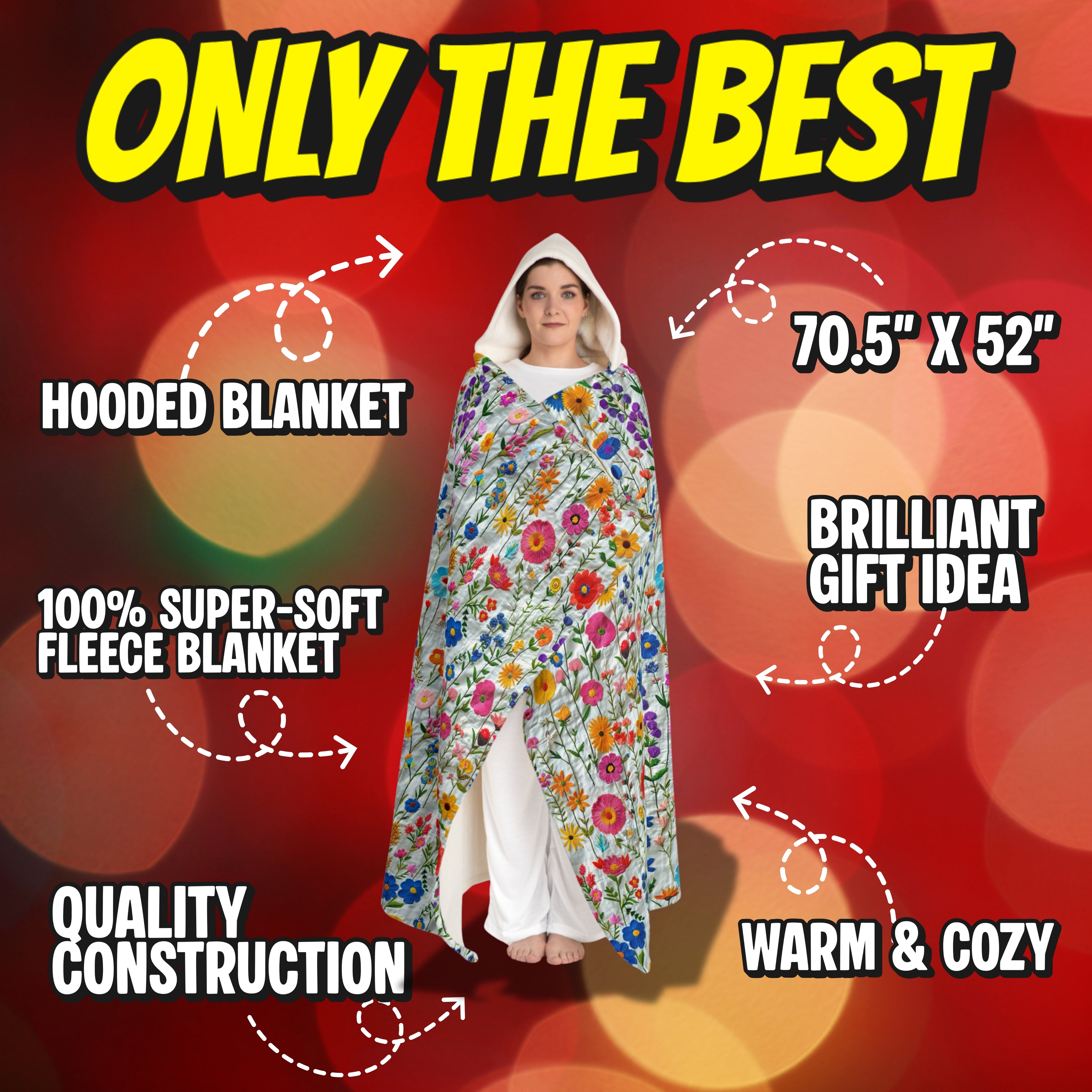 Hooded Sherpa Blanket | Faux Embroidery Flowers