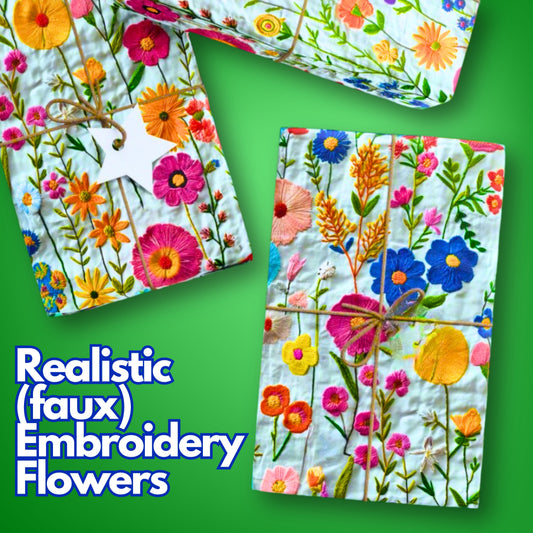 Faux Embroidered Wildflower Wrapping Paper—Elegant Cottagecore Gift Wrap for Weddings, Birthdays, and Special Occasions