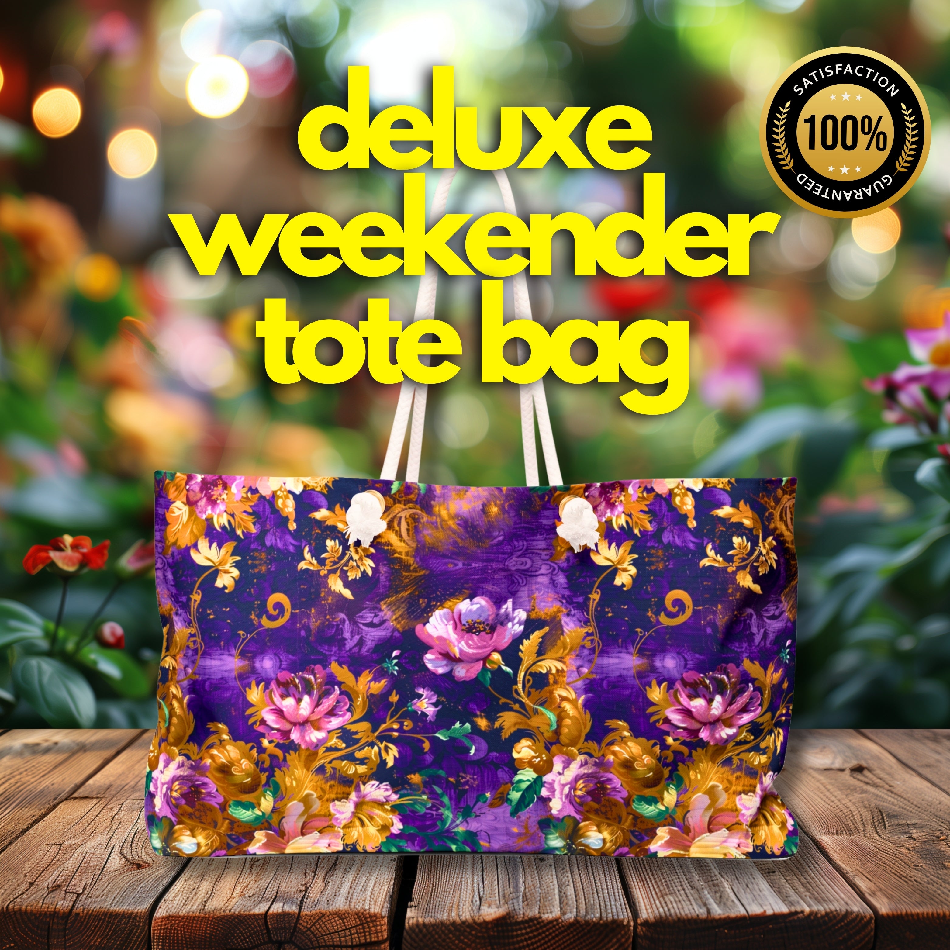 Abstract Flowers Deluxe Tote Bag – Purple, Pink, & Gold Beauty for Travel & More!