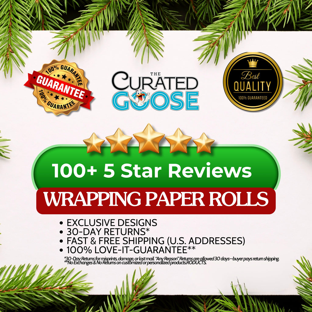 Promotional graphic for 'The Curated Goose' wrapping paper rolls with product details and branding elements.