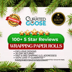 Promotional graphic for 'The Curated Goose' wrapping paper rolls with product details and branding elements.