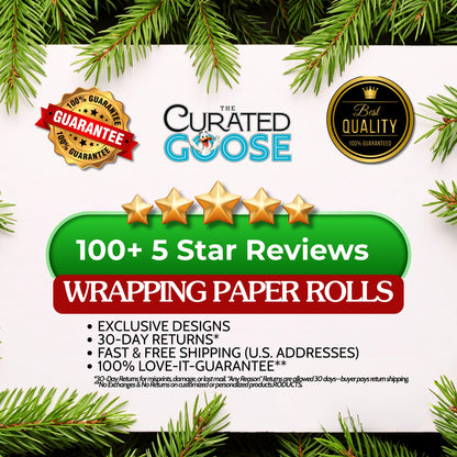 Promotional graphic for 'The Curated Goose' wrapping paper rolls with product details and branding elements.
