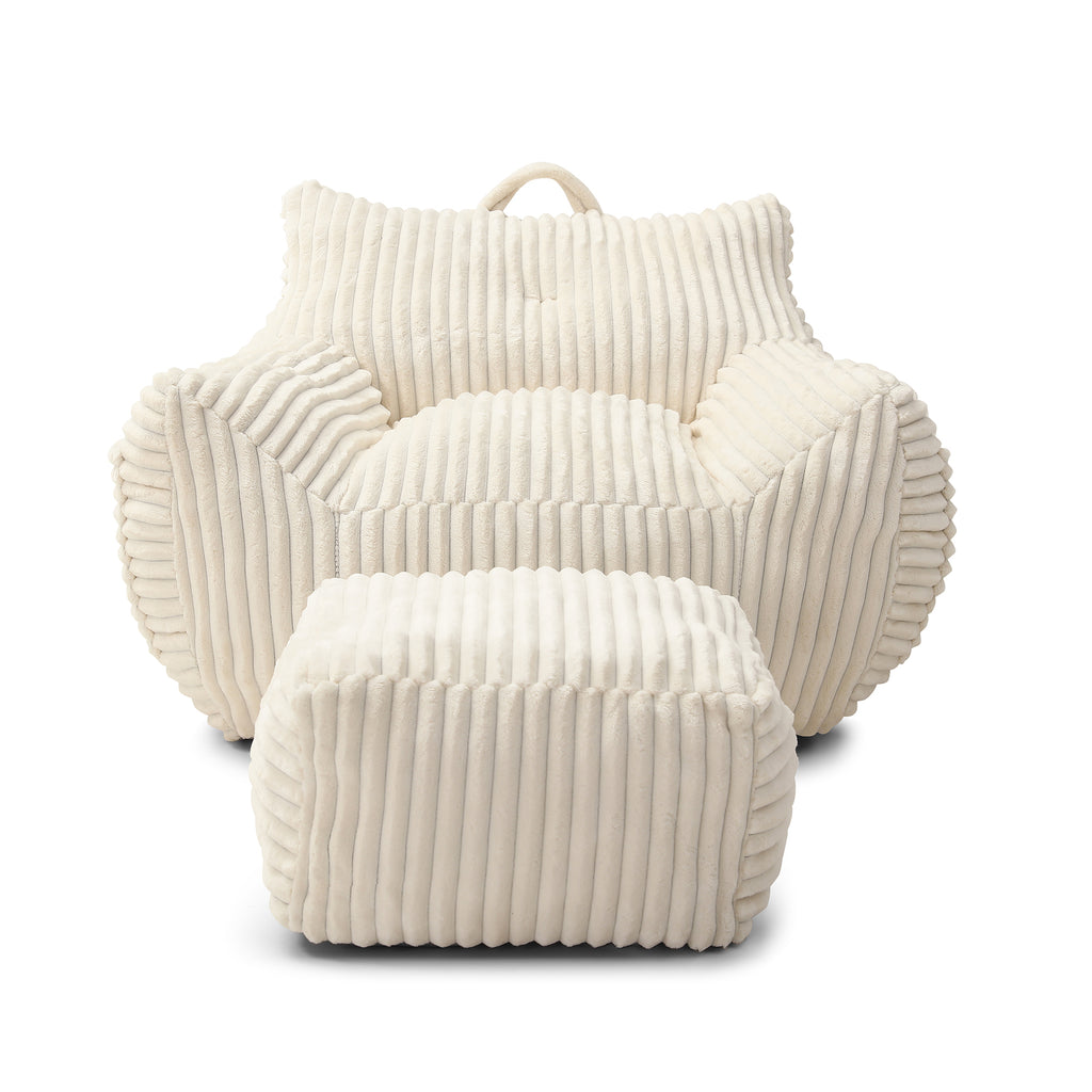 Giant Plush Bean Bag Chair for Adults with Armrests and Footstool in Comfy Beige Corduroy