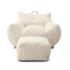 Giant Plush Bean Bag Chair for Adults with Armrests and Footstool in Comfy Beige Corduroy