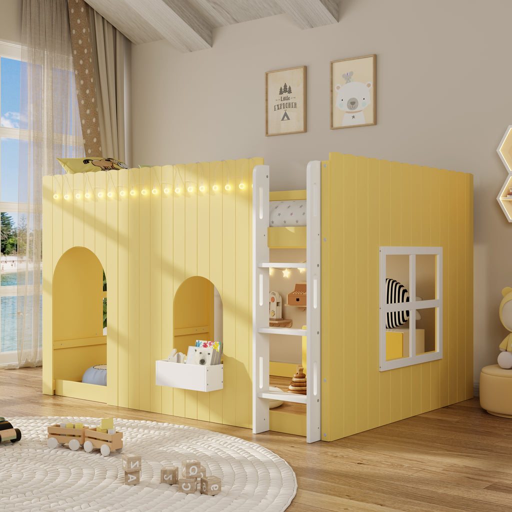 Kids Loft Bed, Full Size, Primrose Yellow, With Warm LED Light String
