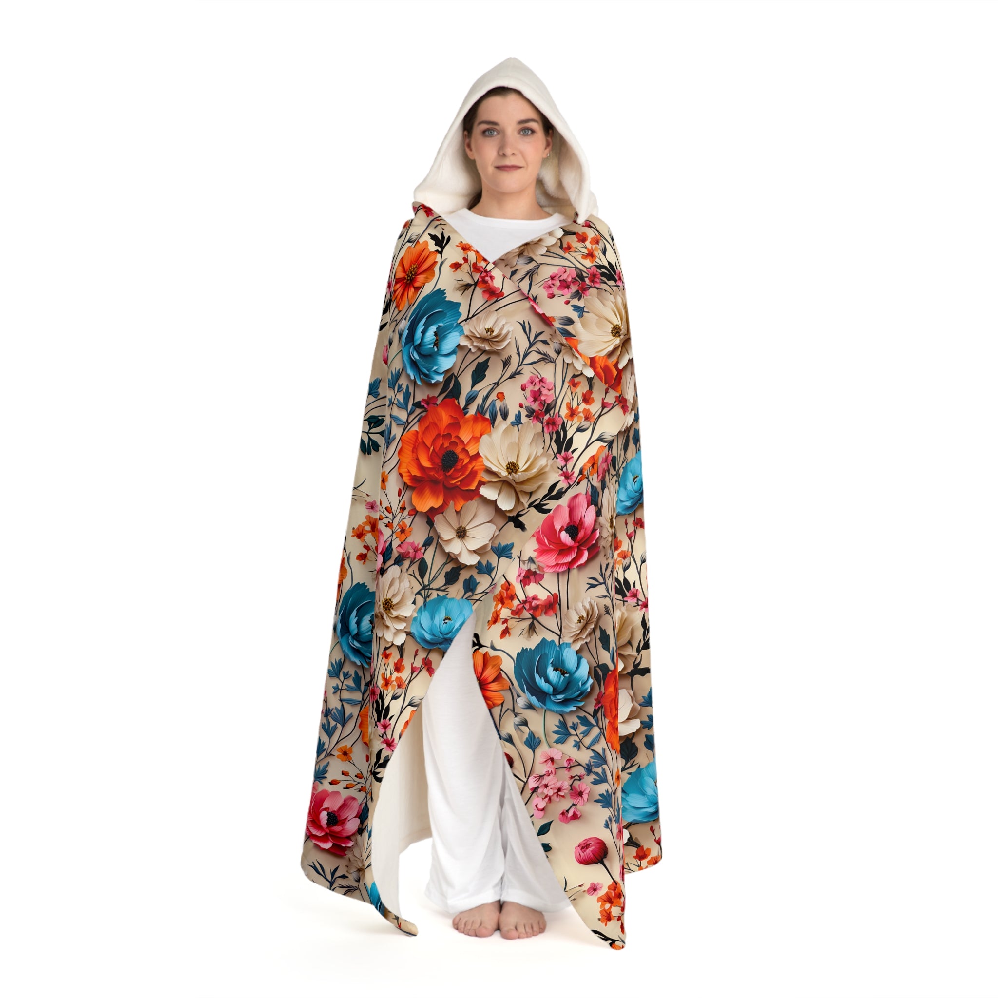 Vintage Floral Cable Knit Hooded Sherpa Blanket