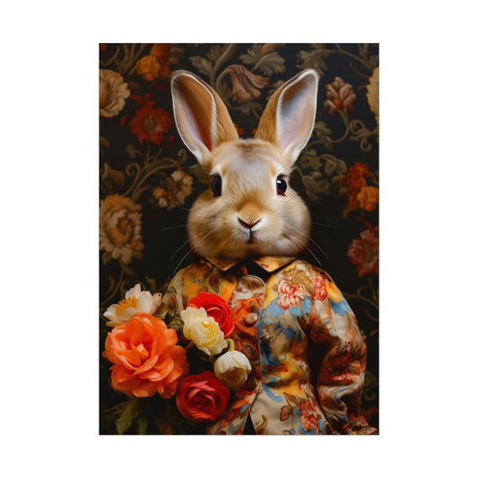 Victorian Bunny Portrait Floral Holding Flowers Art Print