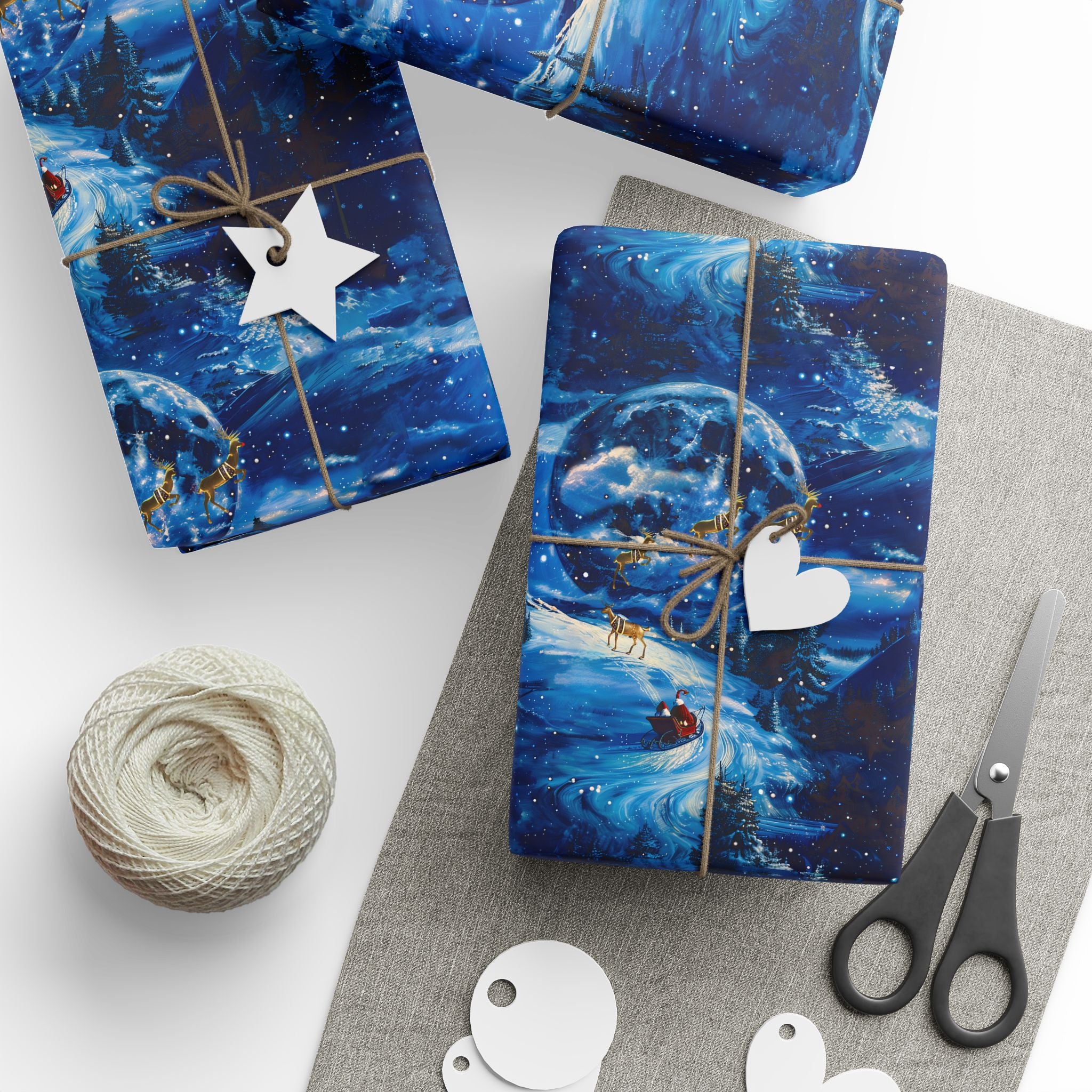 Santa Moon Lit Sleigh Ride Wrapping Paper Rolls – Dreamlike Christmas Magic with Golden Reindeer