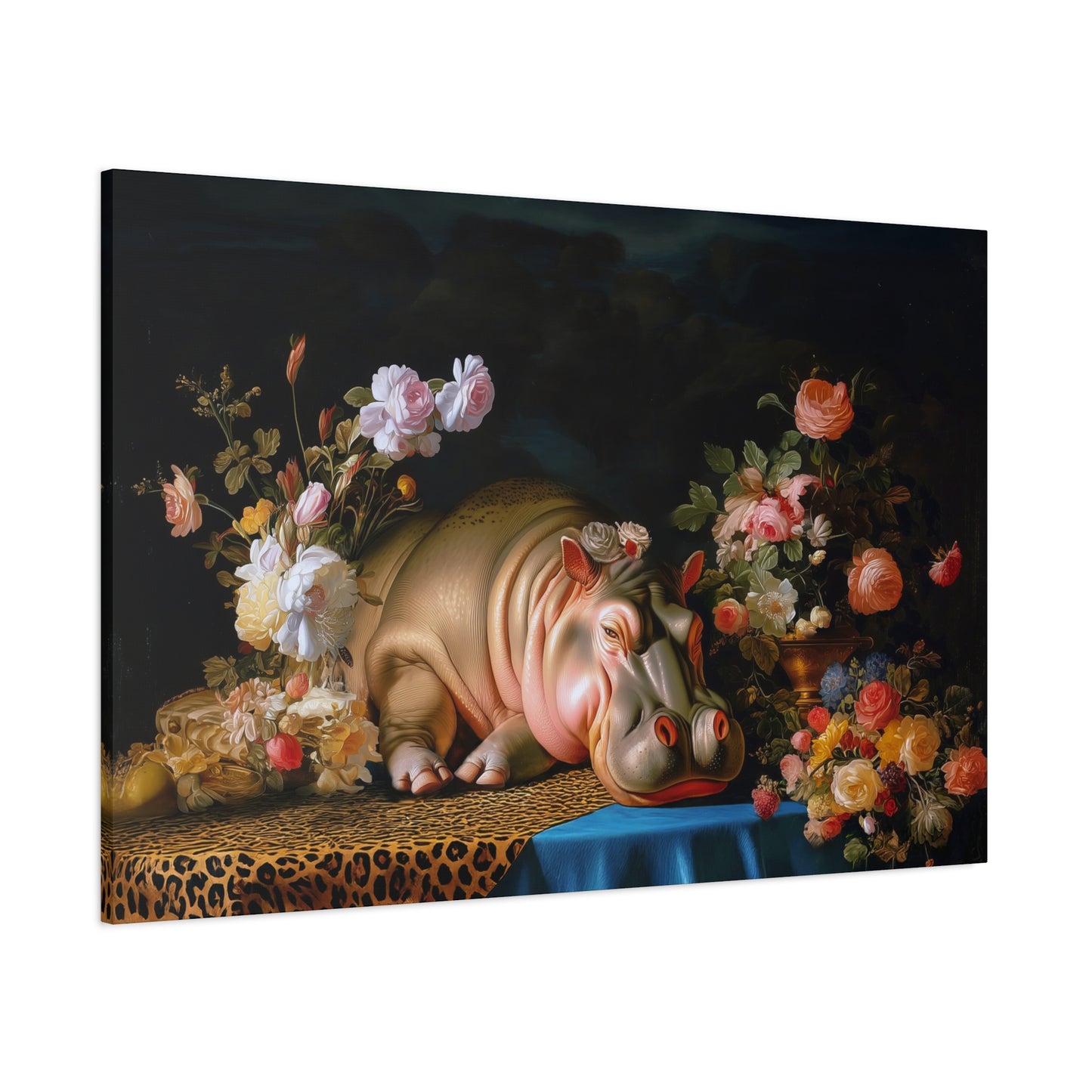 Whimsical Hippo Canvas Art, Tranquil Home Decor Fine Art Print, Animal Wall Art, Unique Gift, Floral Decor, Cheetah Print