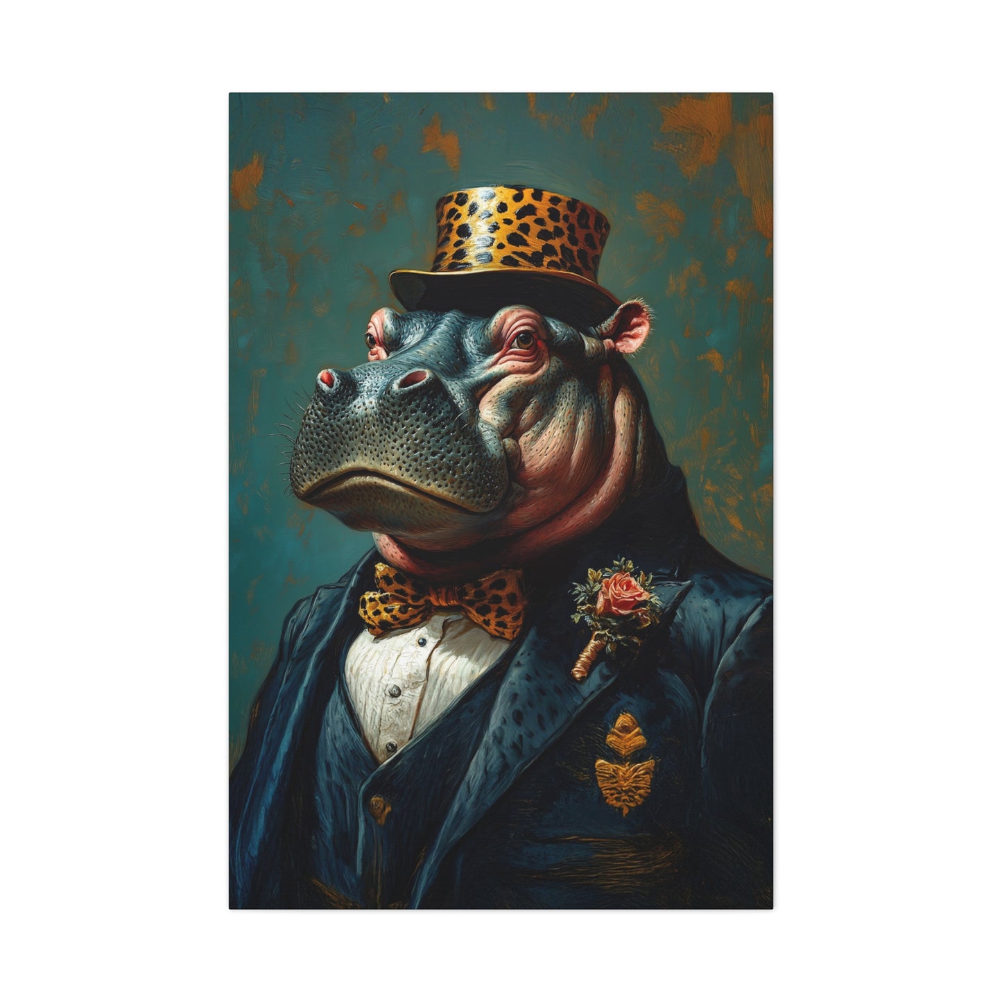 Dapper Hippo Canvas Art Print | Giclée Portrait of Hippo in Bow Tie & Top Hat | Whimsical Decor