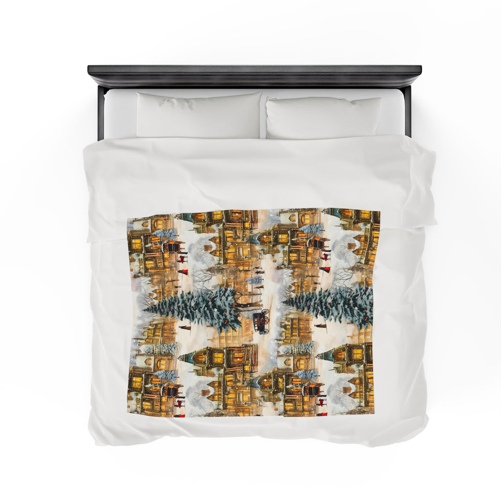 Velveteen Plush Blanket | Victorian Town Gold Winter Village