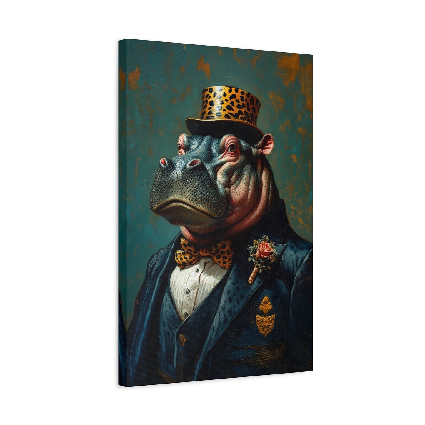 Dapper Hippo Canvas Art Print | Giclée Portrait of Hippo in Bow Tie & Top Hat | Whimsical Decor