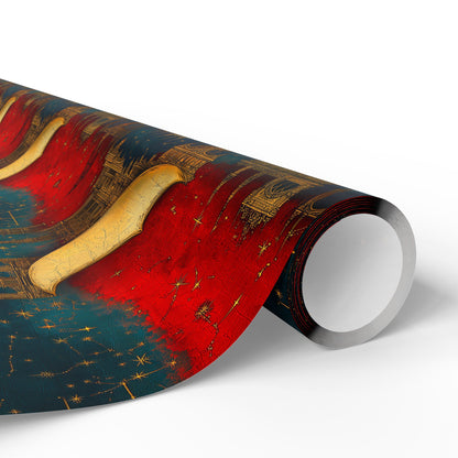 Sun and Moon Wrapping Paper – Rich Reds, Blues, and Gold Floating Architecture for All Occasions