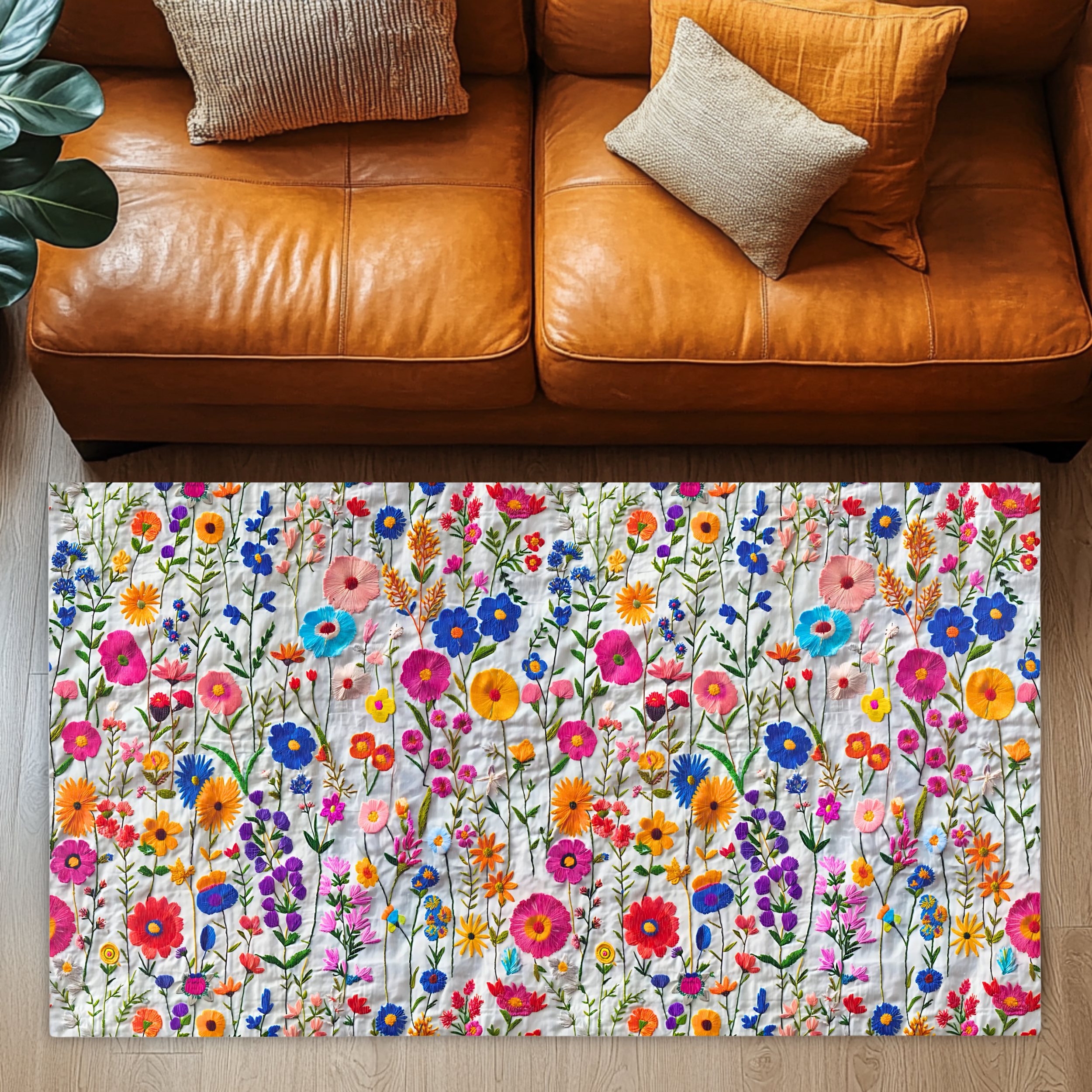 Floral patterned rug on a wooden floor with a brown leather sofa in the background.
