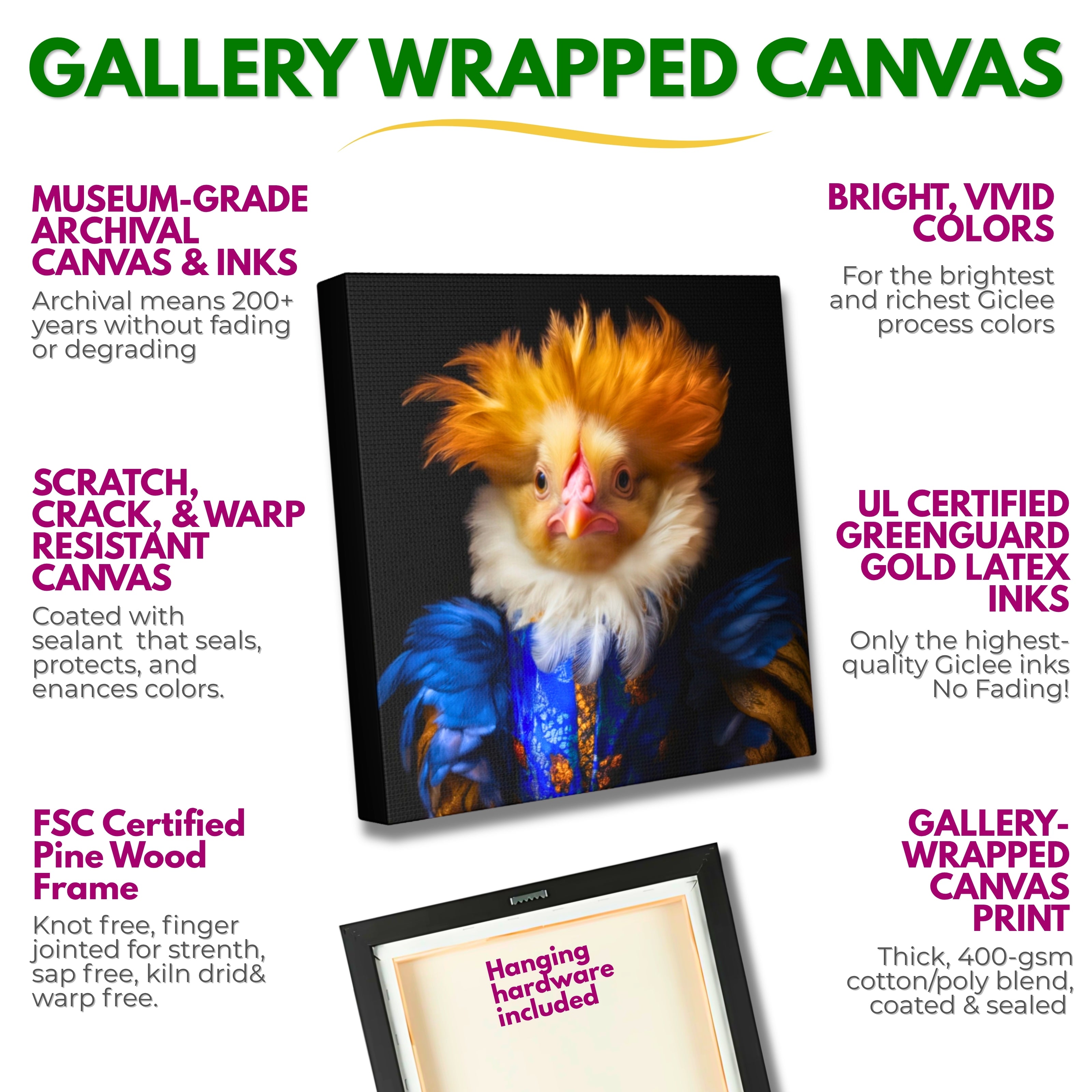 Find gallery wrapped canvas art prints of this rather intense and certainly interesting Victorian chicken royal portrait--only available from The Curated Goose. Museum-grade archival canvas and inks, scratch, crack, and warp resistant canvas, & FSC Certified sustainable pine wood frame/