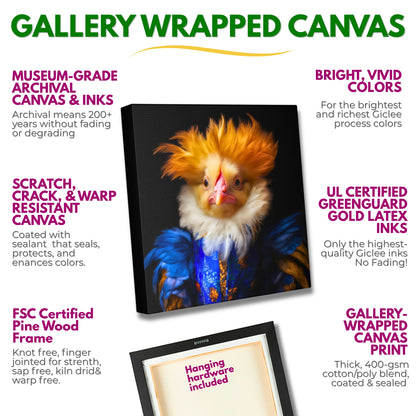Find gallery wrapped canvas art prints of this rather intense and certainly interesting Victorian chicken royal portrait--only available from The Curated Goose. Museum-grade archival canvas and inks, scratch, crack, and warp resistant canvas, & FSC Certified sustainable pine wood frame/