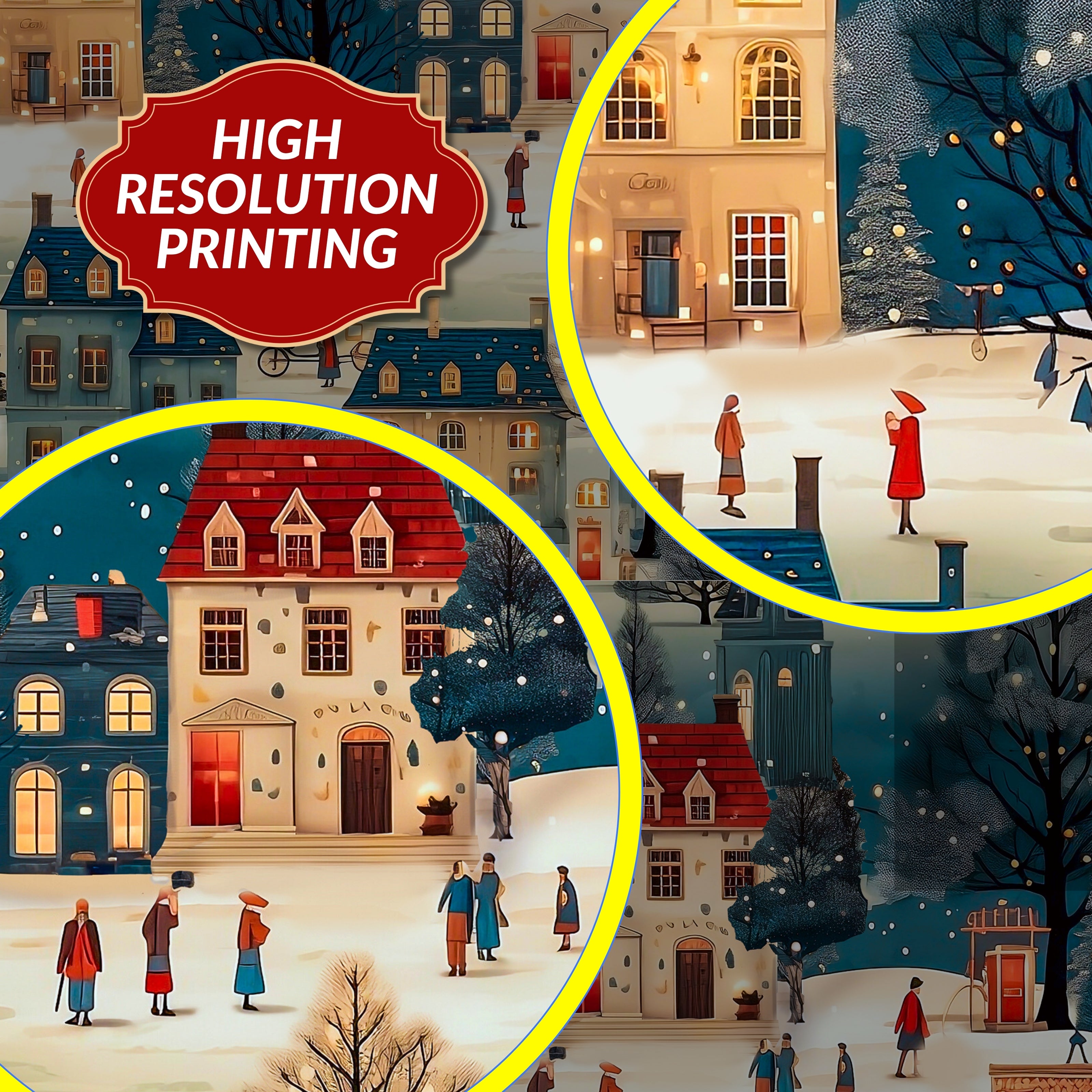 Illustration of a snowy village scene with people and buildings, labeled 'High Resolution Printing'.