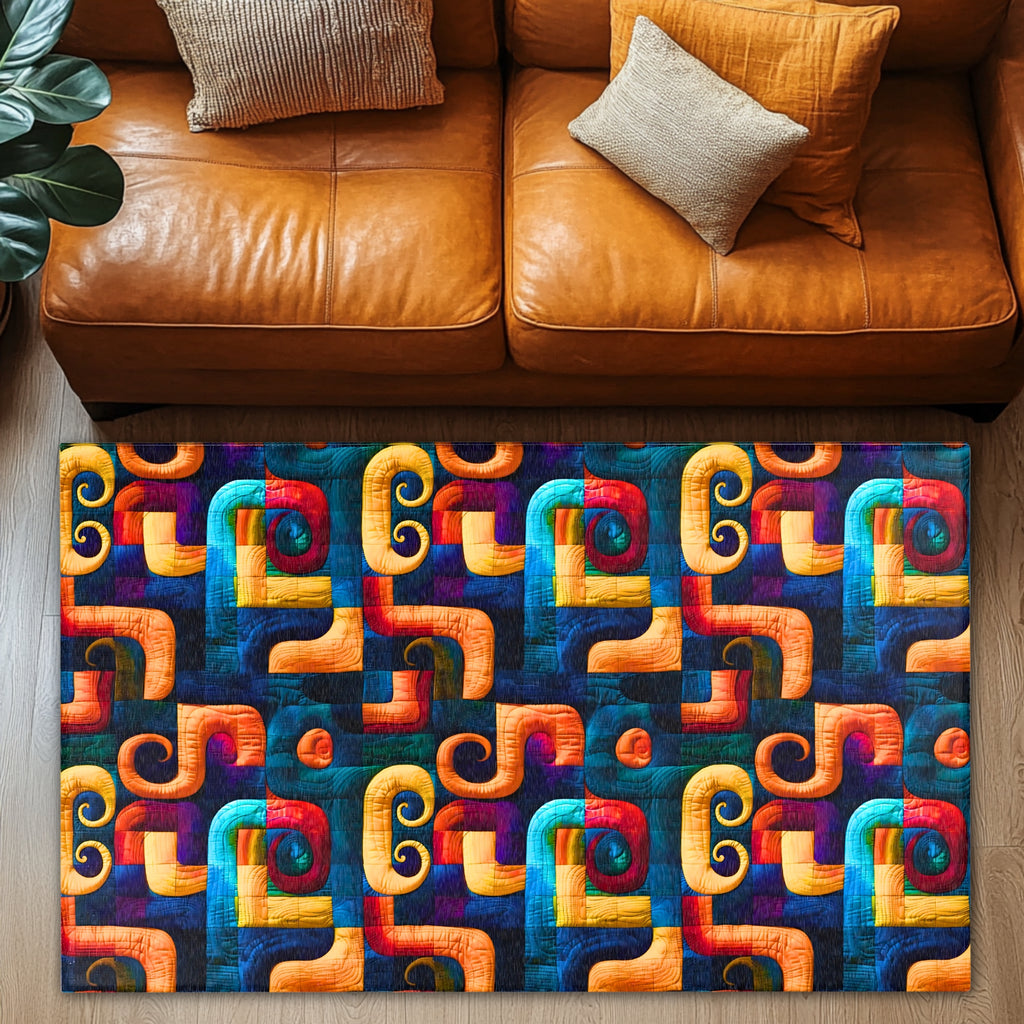 Colorful geometric patterned rug in front of a brown leather sofa.