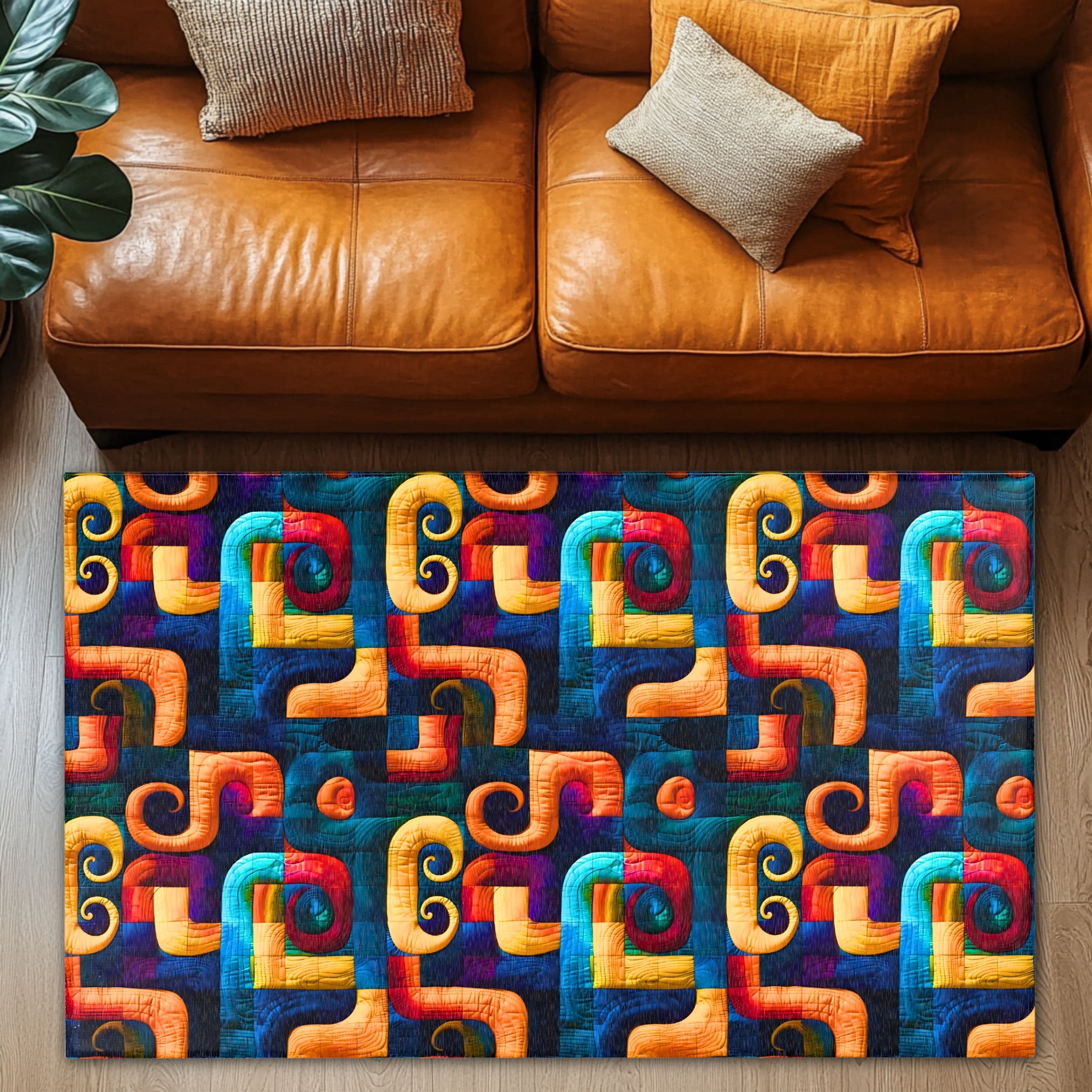 Colorful geometric patterned rug in front of a brown leather sofa.