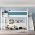 Queen Loft Bed with Storage Shelves and Wardrobe, Solid Wood Loft Beds with Detachable Slide and Ladders, No Spring Box Needed,Blue and White (Patent Protection)
