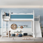 Queen Loft Bed with Storage Shelves and Wardrobe, Solid Wood Loft Beds with Detachable Slide and Ladders, No Spring Box Needed,Blue and White (Patent Protection)