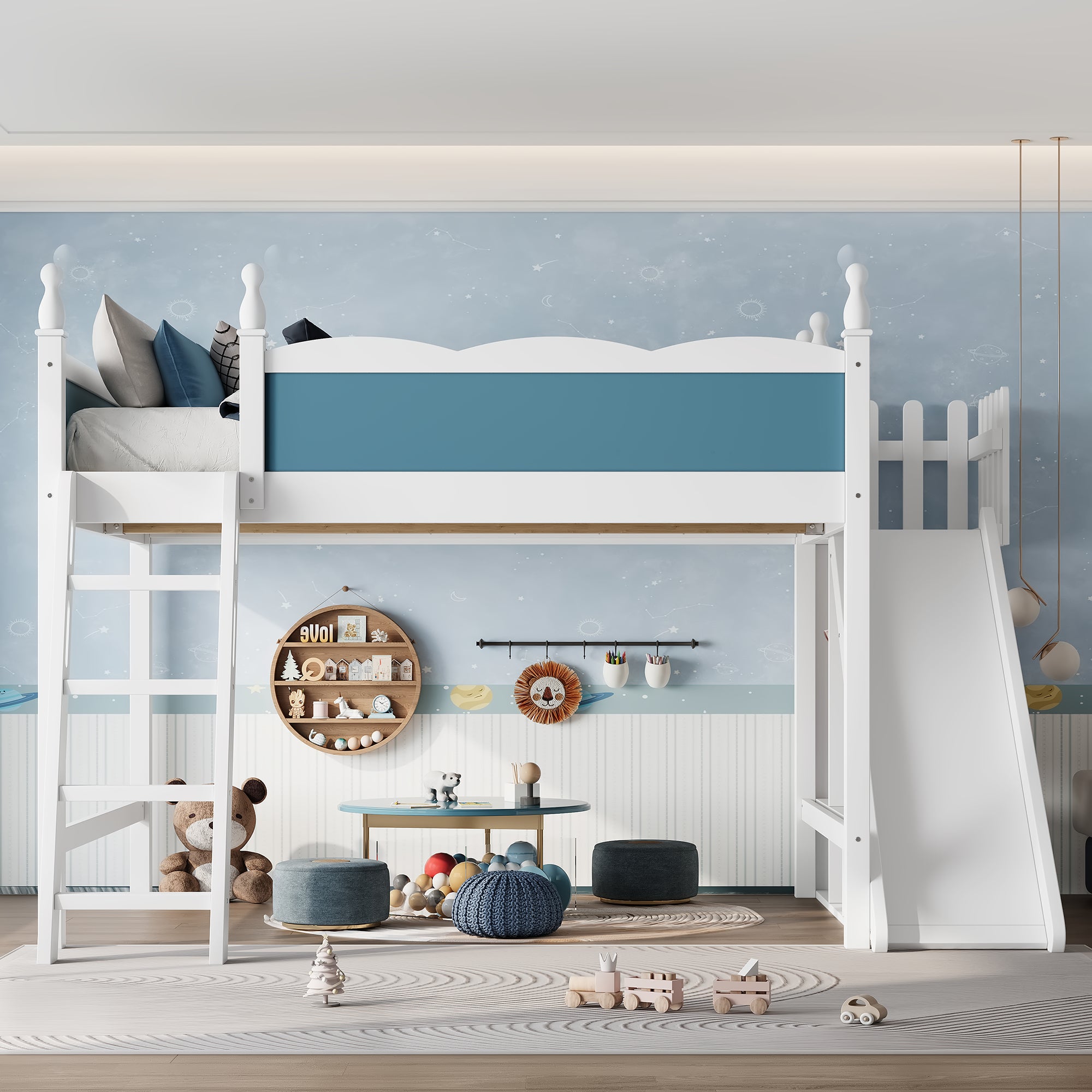 Queen Loft Bed with Storage Shelves and Wardrobe, Solid Wood Loft Beds with Detachable Slide and Ladders, No Spring Box Needed,Blue and White (Patent Protection)