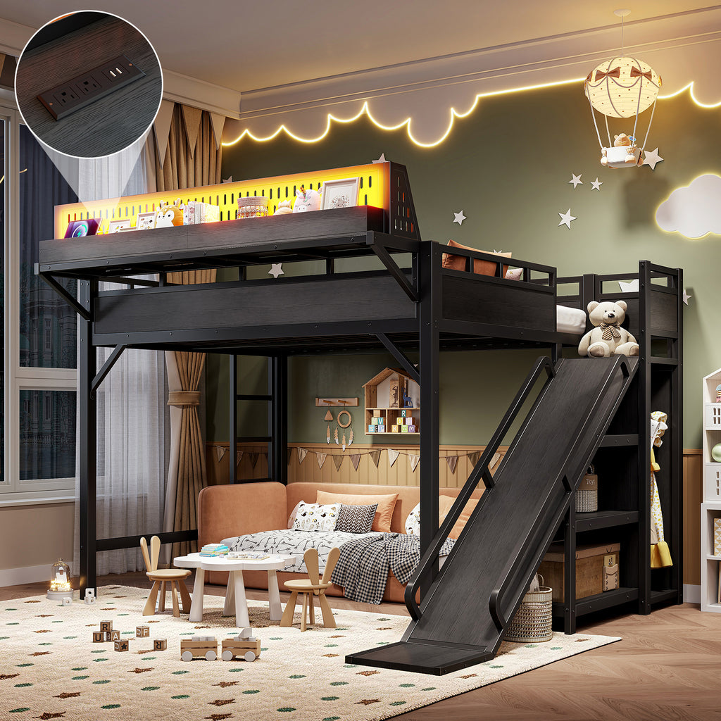 Queen Size Loft Bed with Slide, Storage Shelves and Built-in Wardrobe, Metal Loft Bed Frame with USB Ports and LED Lights, with Pegboard, Safety and Solid, Black