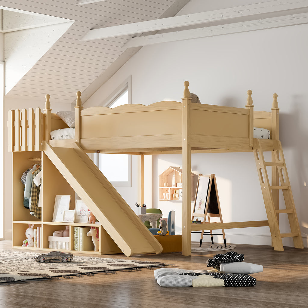 Queen Loft Bed with Storage Shelves and Wardrobe, Solid Wood Loft Beds with Detachable Slide and Ladders, No Spring Box Needed,Natural.(Patent Protection)