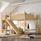 Queen Loft Bed with Storage Shelves and Wardrobe, Solid Wood Loft Beds with Detachable Slide and Ladders, No Spring Box Needed,Natural.(Patent Protection)