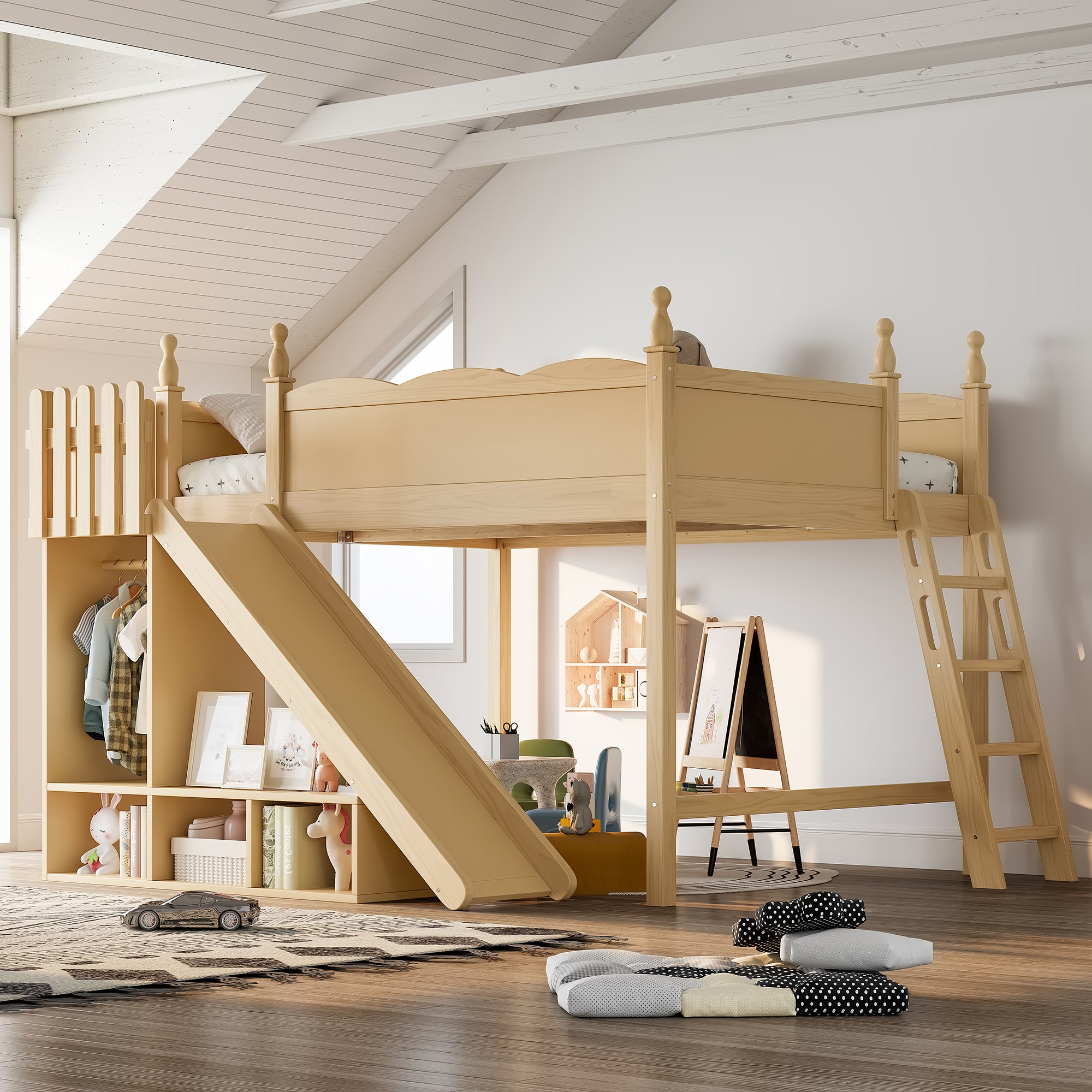 Queen Loft Bed with Storage Shelves and Wardrobe, Solid Wood Loft Beds with Detachable Slide and Ladders, No Spring Box Needed,Natural.(Patent Protection)