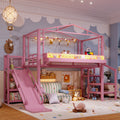 Twin Size Loft Bed with Storage Stairs, Shelves and Built-in Wardrobe, Metal Loft Bed Frame with USB Ports and LED Lights, Noise-reduced Design, Pink