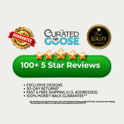Promotional graphic for 'The Curated Goose' with five-star review badge, quality guarantee, and promotional text on a white background.