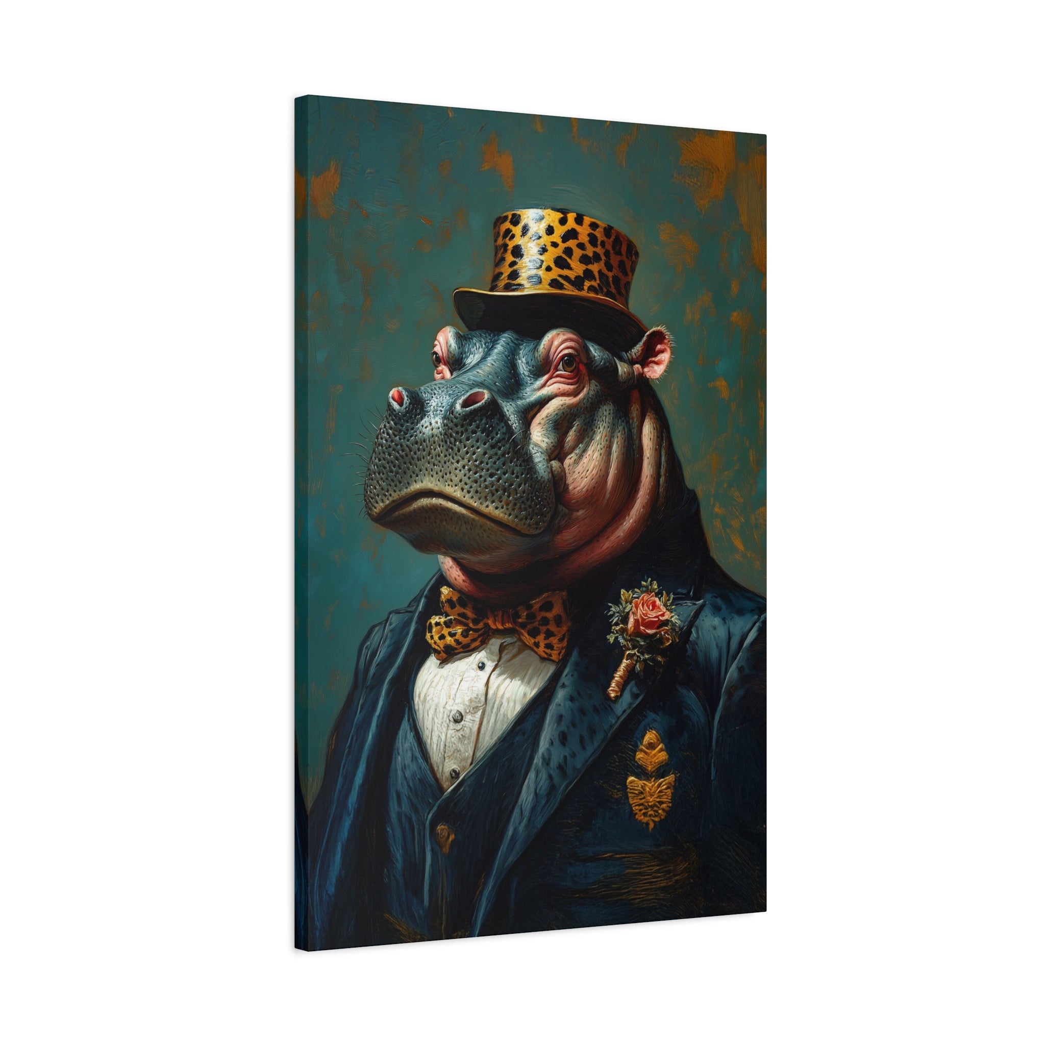 Dapper Hippo Canvas Art: Whimsical Animal Portrait in Bow Tie