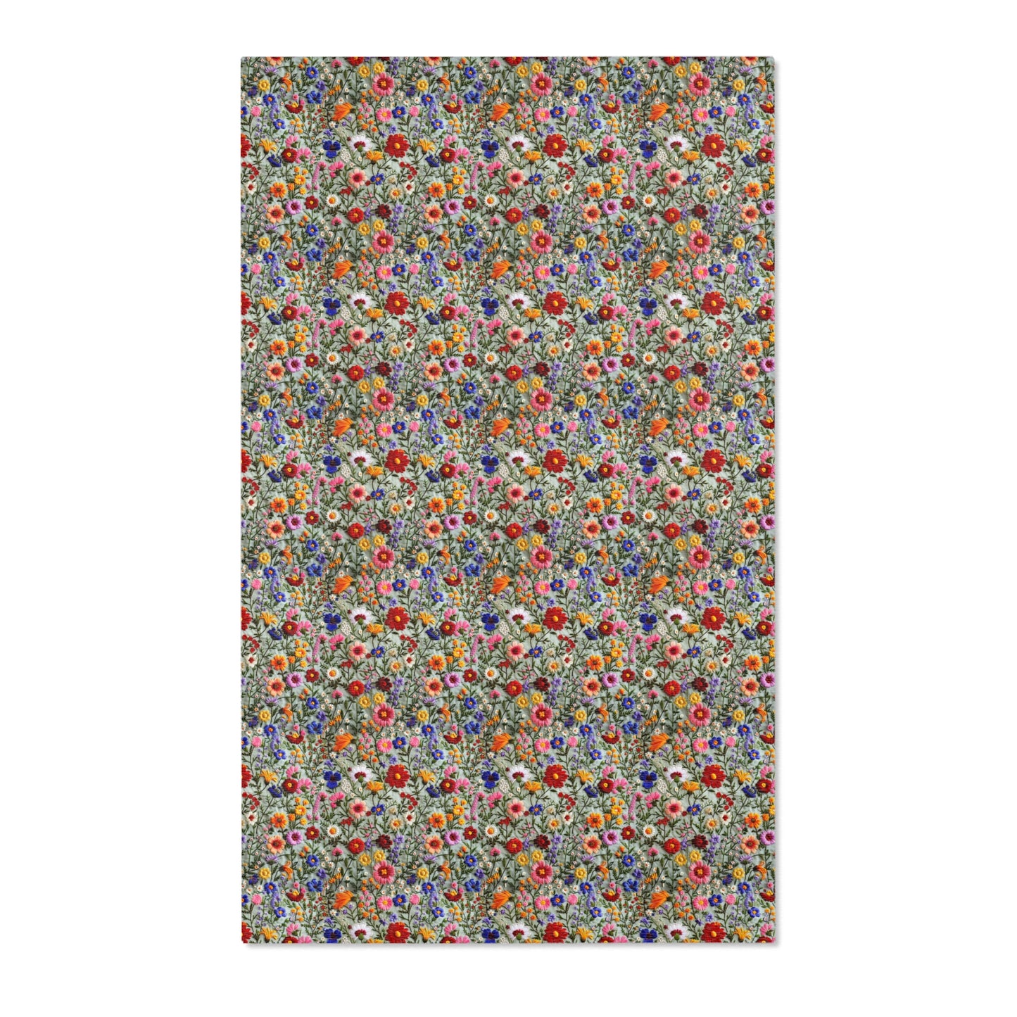 Faux Embroidered Flowers on Linen Area Rugs