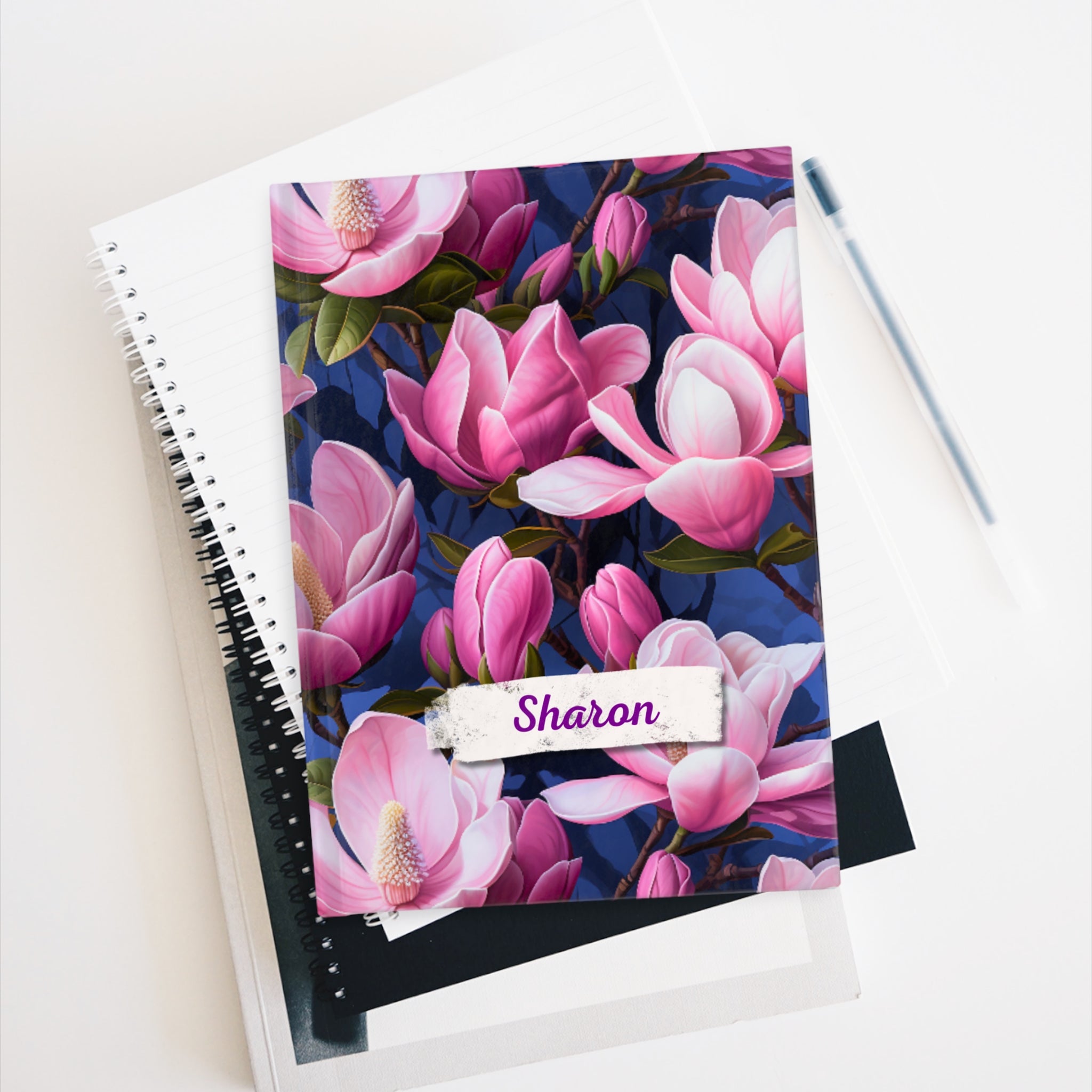 Custom Name Magnolia Blossom Journal: Floral Hardcover Notebook